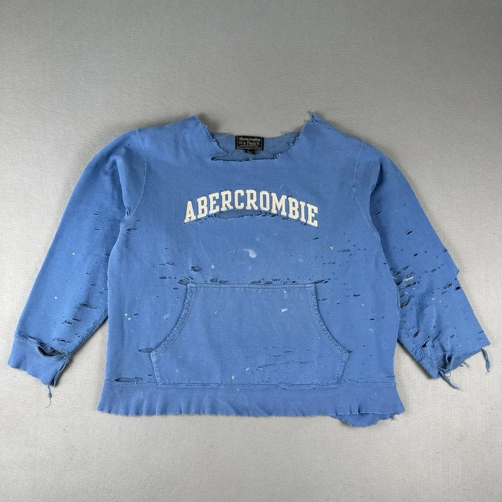Vintage 90s Abercrombie Fitch Sweatshirt 2XL‎ Blue Distressed Thrashed Crew Neck